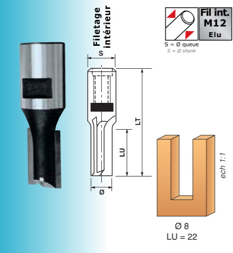 ENT 45230 Mèches à mortaiser hélicoïdale droite, acier à outils, Diamètre  (D) 6 mm, NL 36 mm, GL 120 mm, droit, S 13 mm