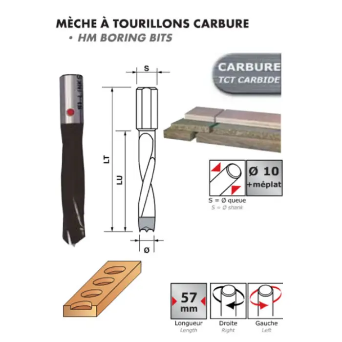 Mèche à tourillon carbure Ø 10 mm gauche 57 mm