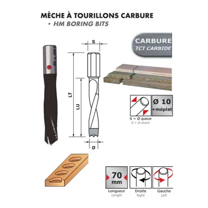Mèche à tourillons carbure Ø10 mm L.70 mm droite