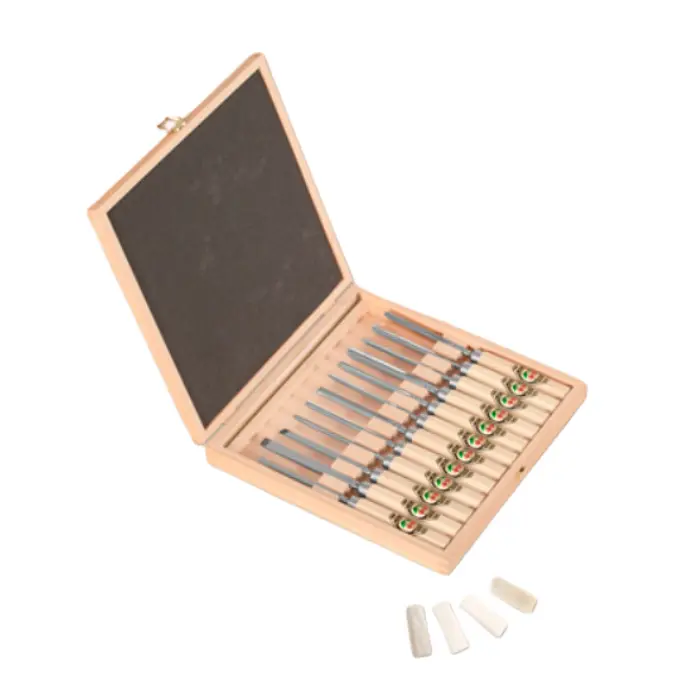 Coffret 12 ciseaux de sculpteur avec pierres à affûter