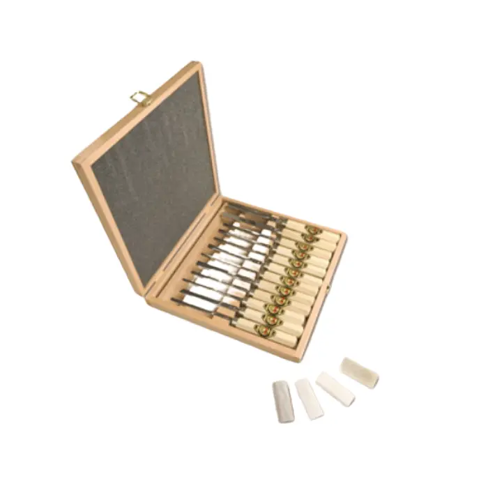 Coffret 18 ciseaux de sculpteur avec pierres à affûter