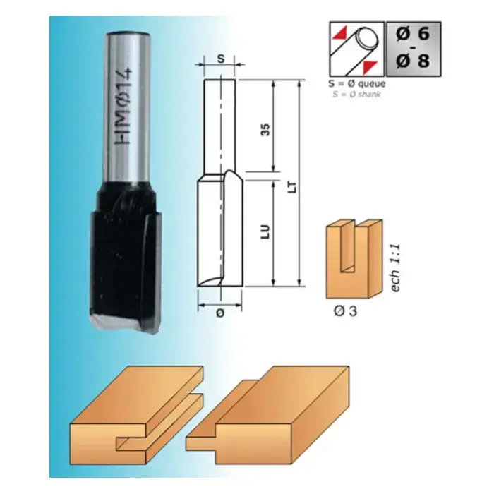 Mèche à rainer droite carbure Ø 12 mm LU 40 mm XL