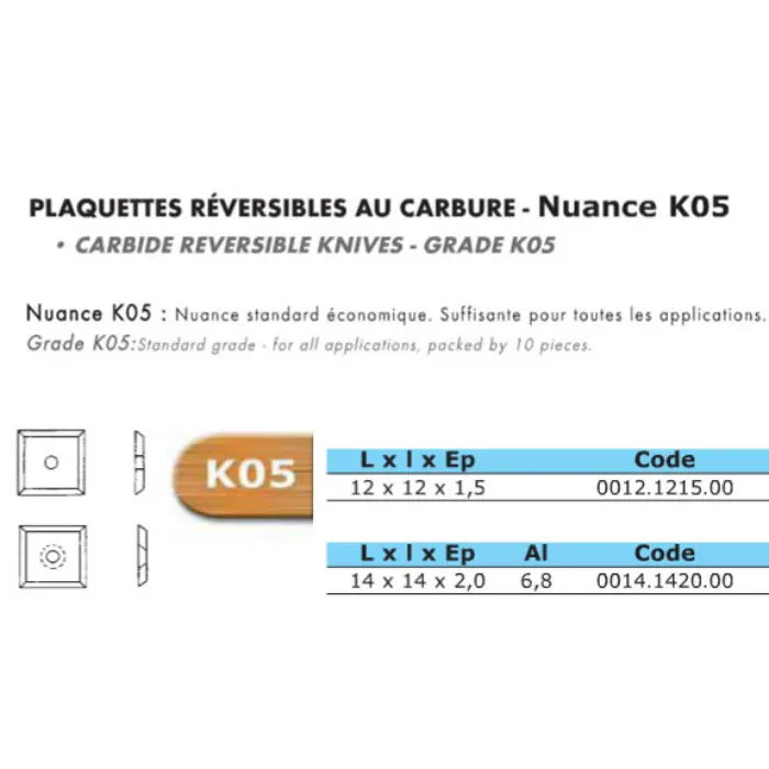 Plaquette carbure réversible 4 coupes 12×12×1,5 mm K05