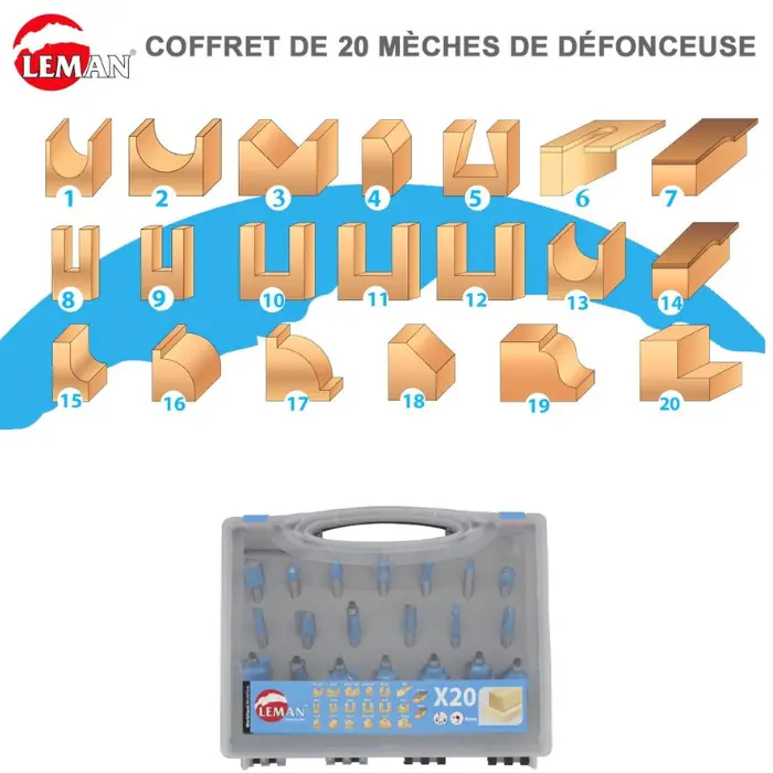 Coffret 20 mèches défonceuse carbure Q. 8 mm