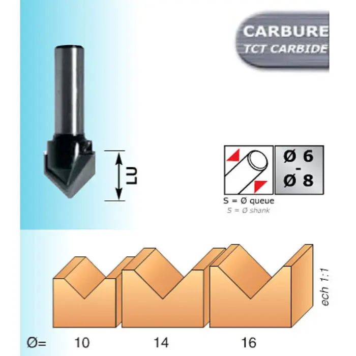 Mèche rainure en V HM 90° Ø 14 mm LU 13 mm Q. 6 mm