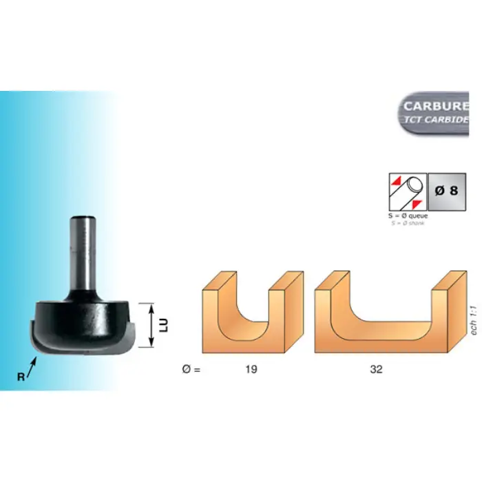 Mèche profil tasses/assiettes HM Ø 19 mm Q. 8 mm