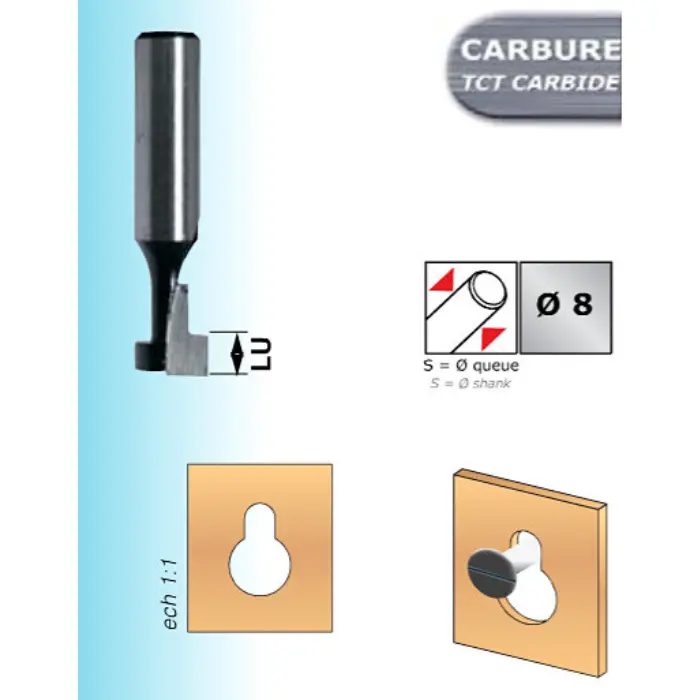 Mèche rainure en T trou de serrure HM Ø 10 mm LU 5 mm queue 8 mm