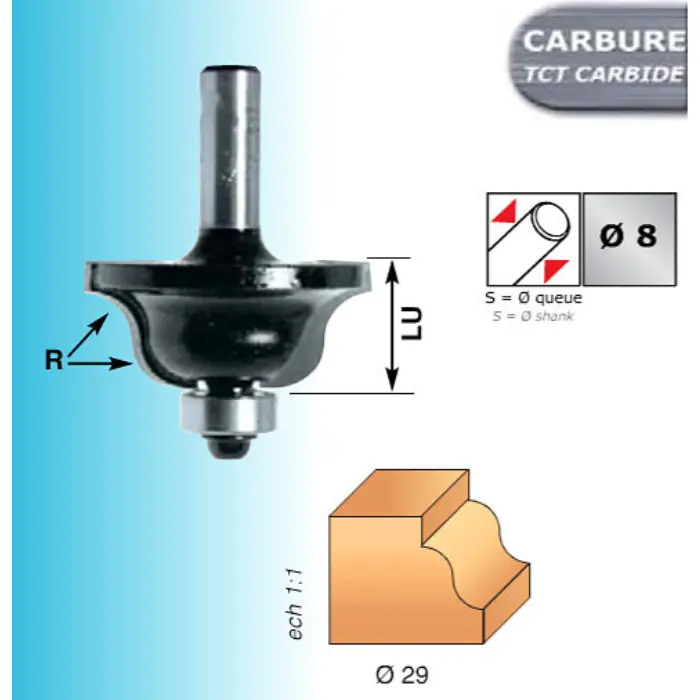 Mèche profil moulures HM Ø 29 mm + guide billes