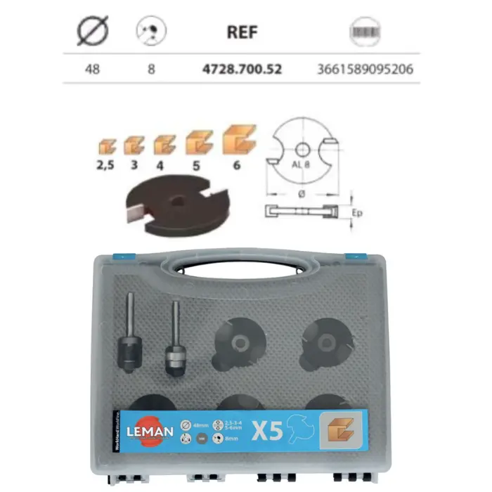 Coffret 5 disques à rainer Ø48 mm + arbre queue Ø8 mm
