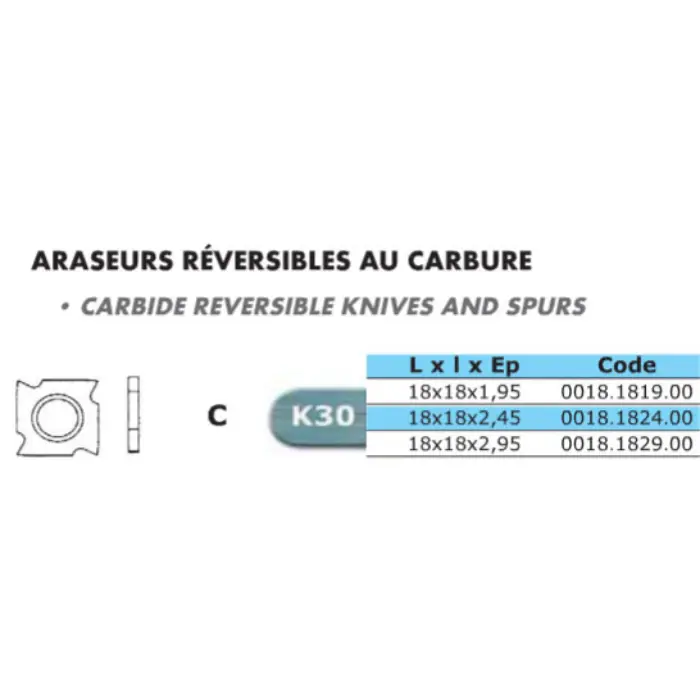Araseur réversible HM 18×18×1,95 mm 4 coupes K30