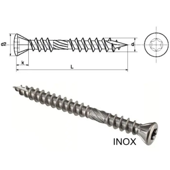 Vis terrasse tête fraisée bombée 6 lobes double filet 5×50 mm