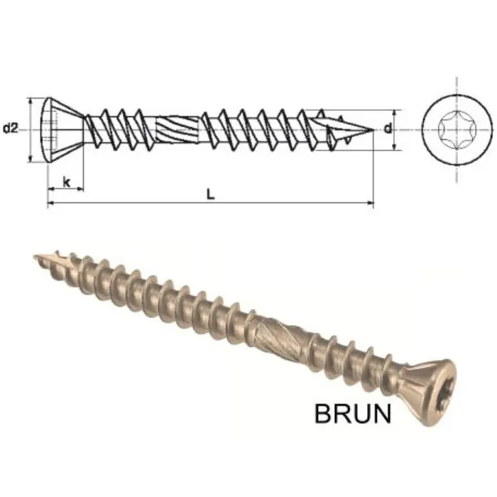 Vis terrasse tête fraisée bombée 6 lobes double filet 5×60 mm brun - boîte 200