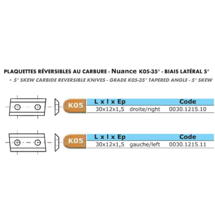 Plaquette réversible HM 30×12×1,5 mm biais 5° gauche K05