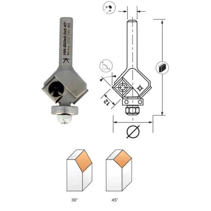 Mèche d'affleureuse 30° plaquettes HM Ø 26 mm Q6