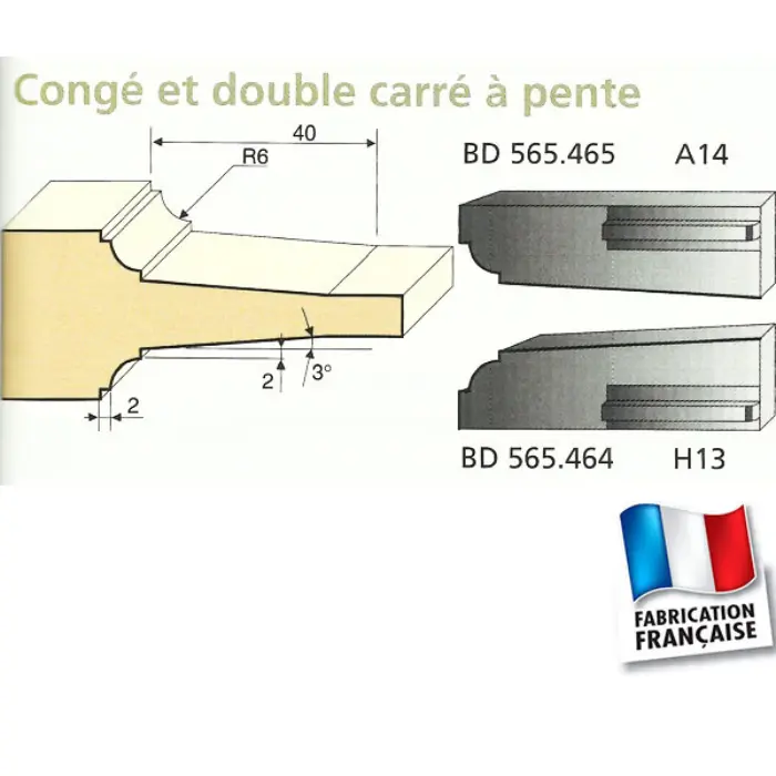 Couteaux plate-bande congé + 2 carrés à pente par-dessous