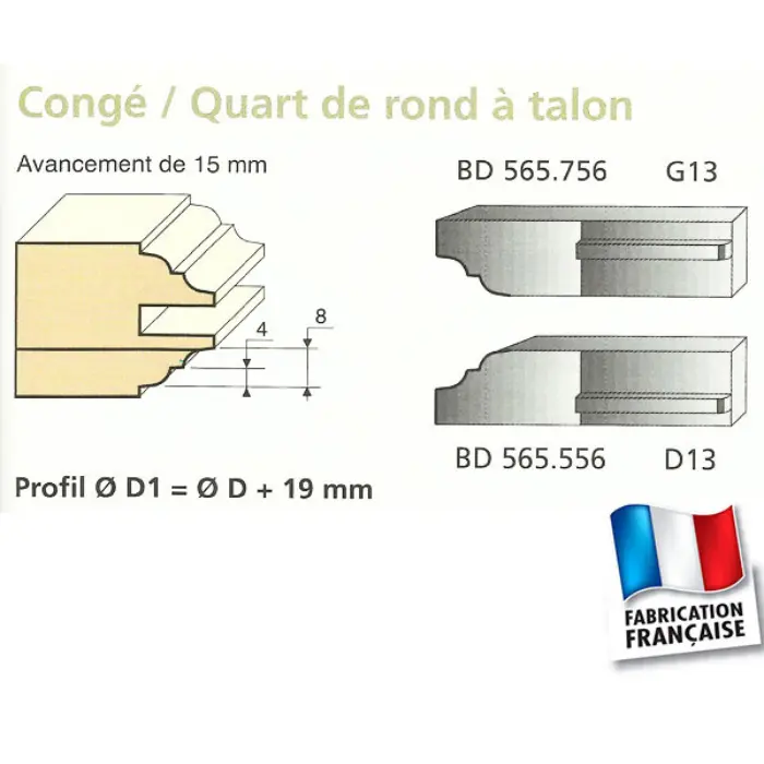 Couteaux profilés congé 1/4 de rond à talon, inférieur