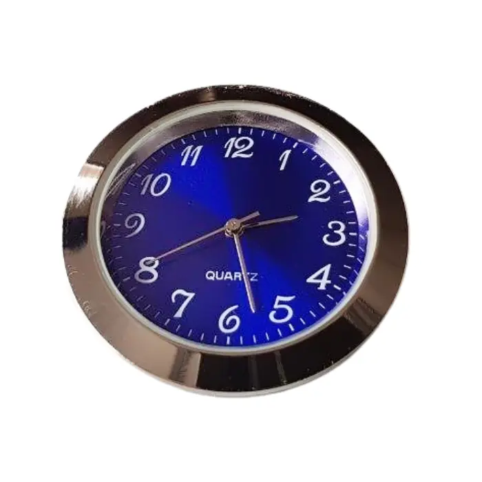 Pendule à quartz à encastrer Ø 37 mm chromé fond bleu