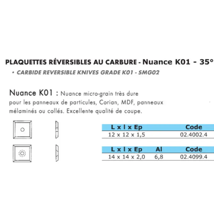 Plaquette réversible métal dur KO1 4 coupes 14×14×2 mm 35°