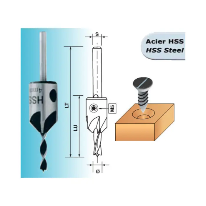 Foret hélicoïdal à bois Ø5 mm avec fraisoir 90°